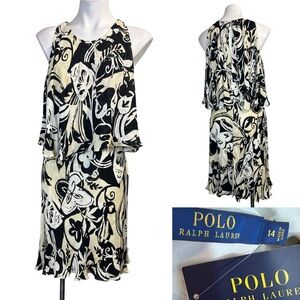 Polo Ralph Lauren Dress Size 14 Tan Black 100% silk Ruffle cut-out/cold shoulder